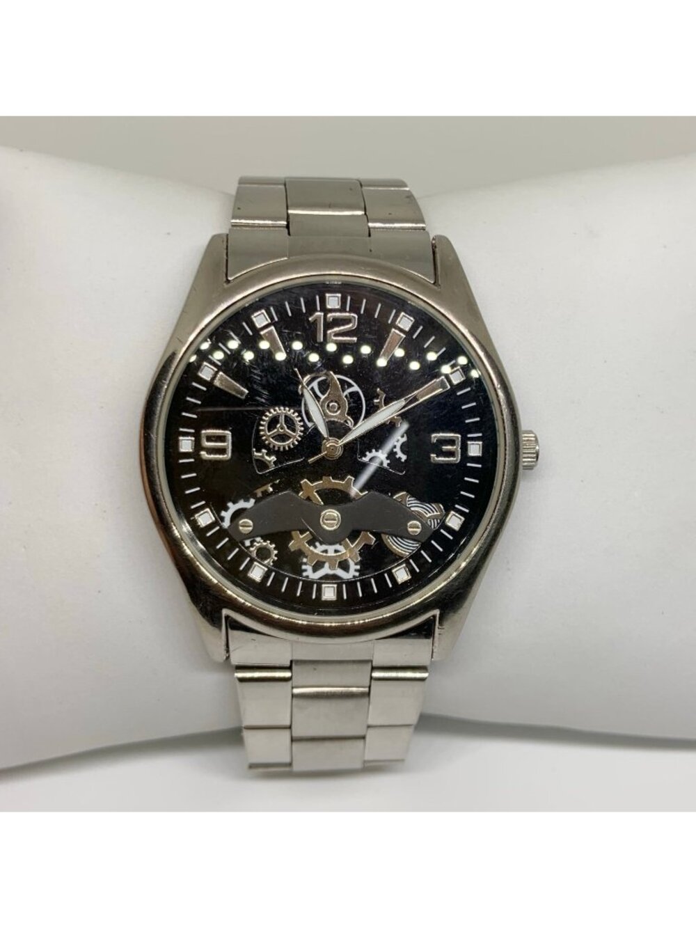 Merona men’s watch skeleton style black dial silver tone quartz 40mm up to 8”